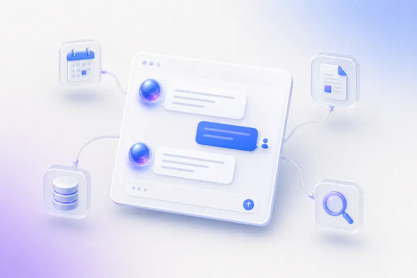 Illustration éditoriale d'agents IA et de chatbots connectés aux outils et flux métier pour qualifier, répondre et automatiser.