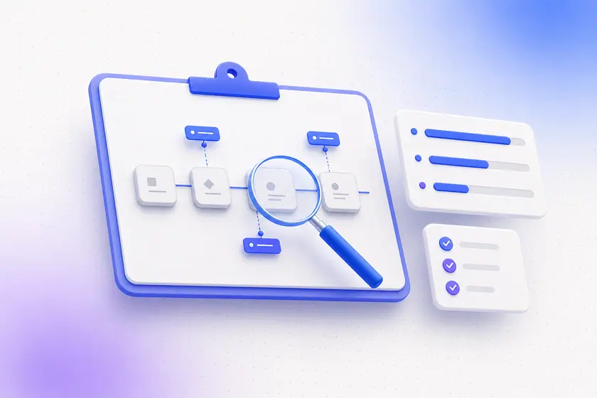 Illustration éditoriale d'un rapport d'audit IA : cartographie des process, priorisation des cas d'usage et roadmap activable.