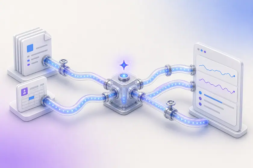 Illustration éditoriale d'un pipeline d'automatisation : documents et CRM connectés à un agent IA central qui alimente un tableau de bord.