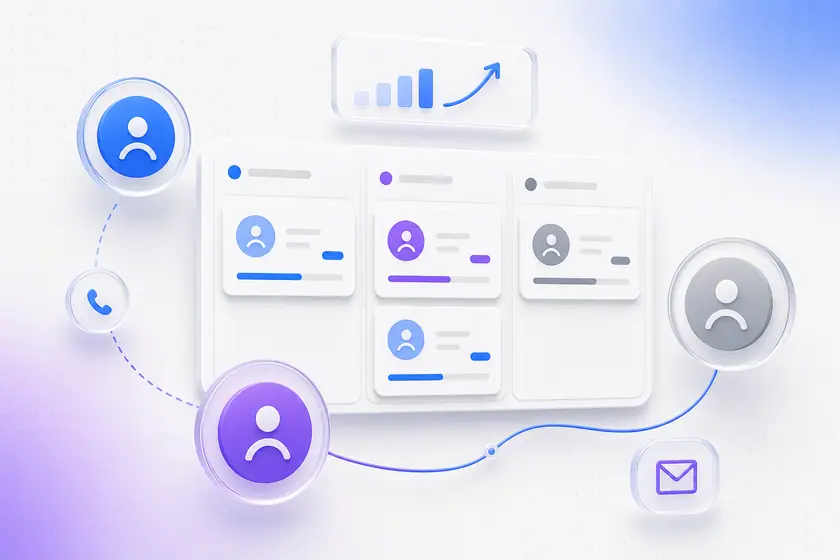 Illustration éditoriale d'un CRM sur mesure : pipeline commercial, fiches clients et scoring IA.