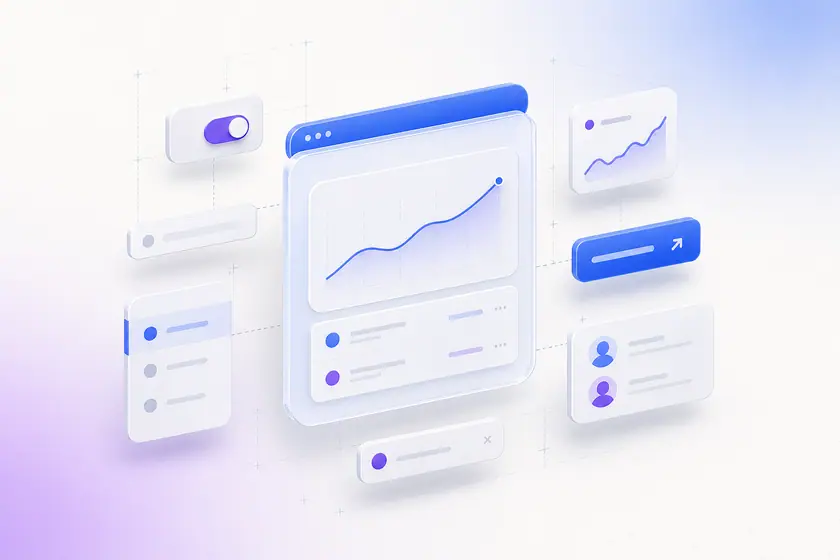 Illustration éditoriale d'un produit SaaS : tableau de bord, parcours utilisateur et briques IA sur une interface moderne.
